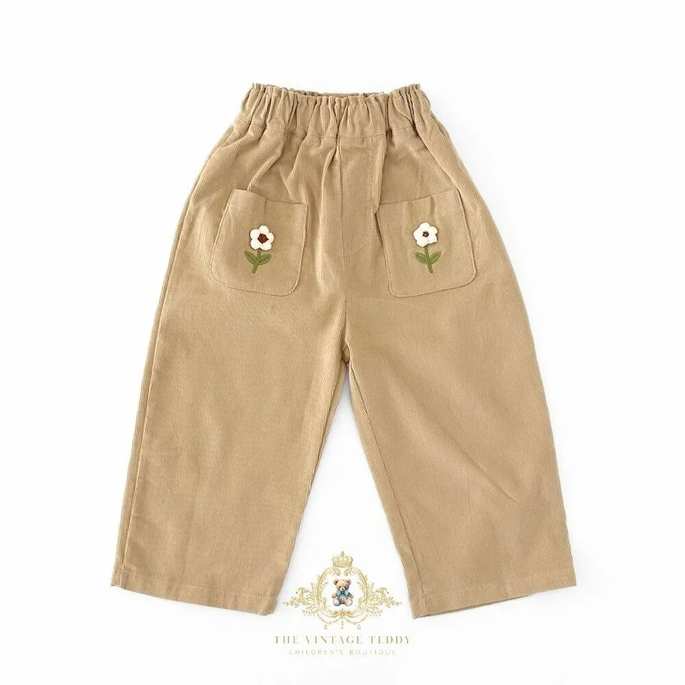 NWT Cute Girls Corduroy Pants Sweet Embroidered Flower Elastic Waistband Tan 3T